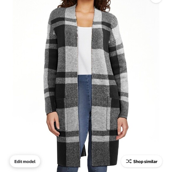 Time and Tru Double Knit Plaid Cardigan Size L(12-14) Black/Gray - Picture 1 of 5